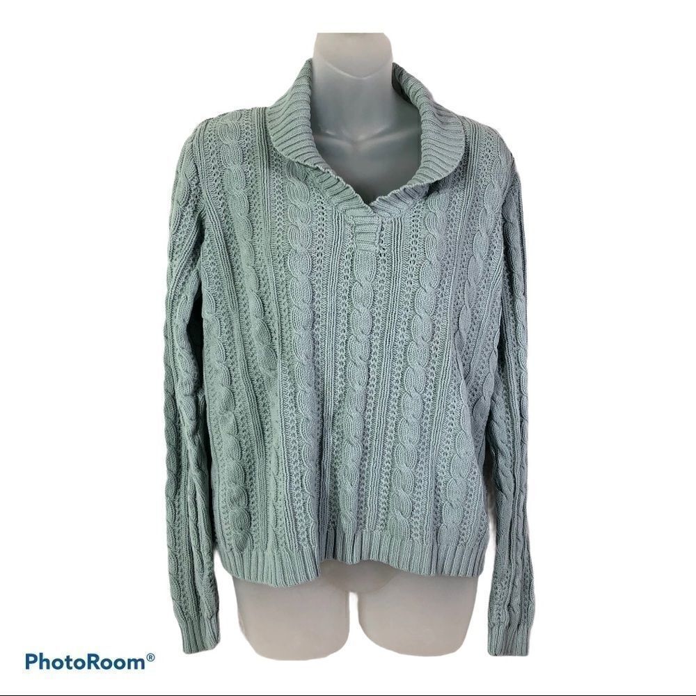 Charter Club sea foam green cable knit sweater 1980s 80s style medium